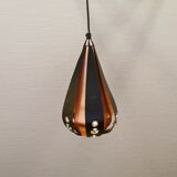 Hanging lamp in thin metal pieces, copper colored and black with prisms.