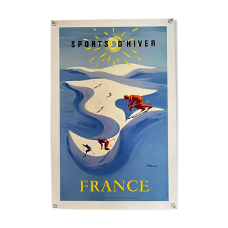 Original France Winter Sports poster by Bernard Villemot - Signed by the artist - On linen