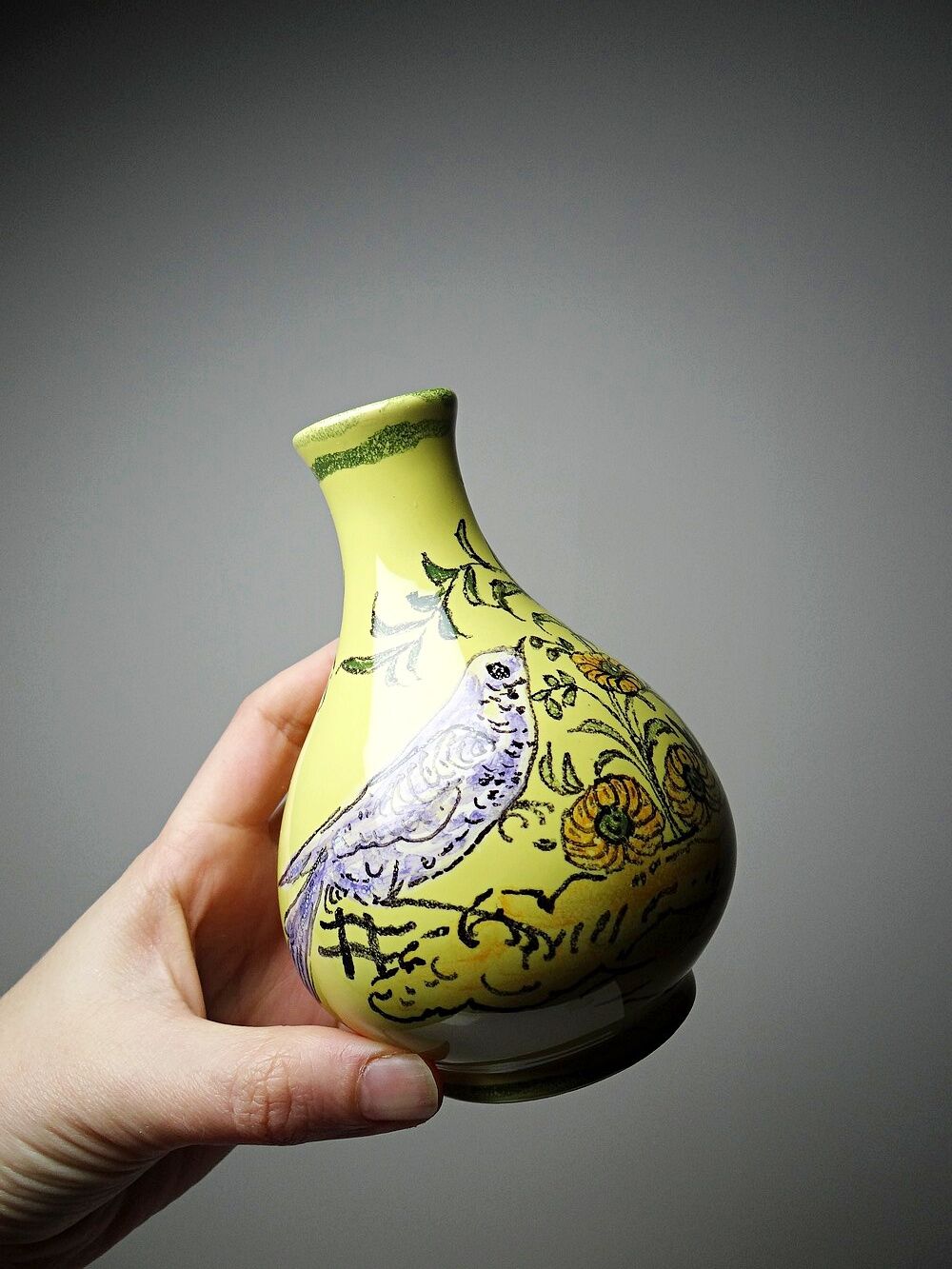 Small ceramic vase signed Henri Siffre Montpellier, bird decoration, 1950s-60s.
