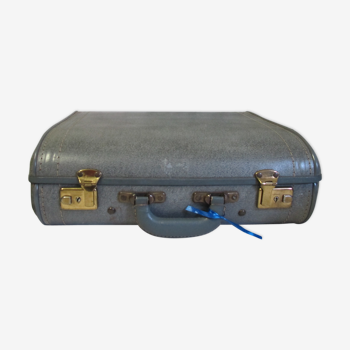 Vintage blue gray France 1940 Vulcanized fiber cardboard suitcase