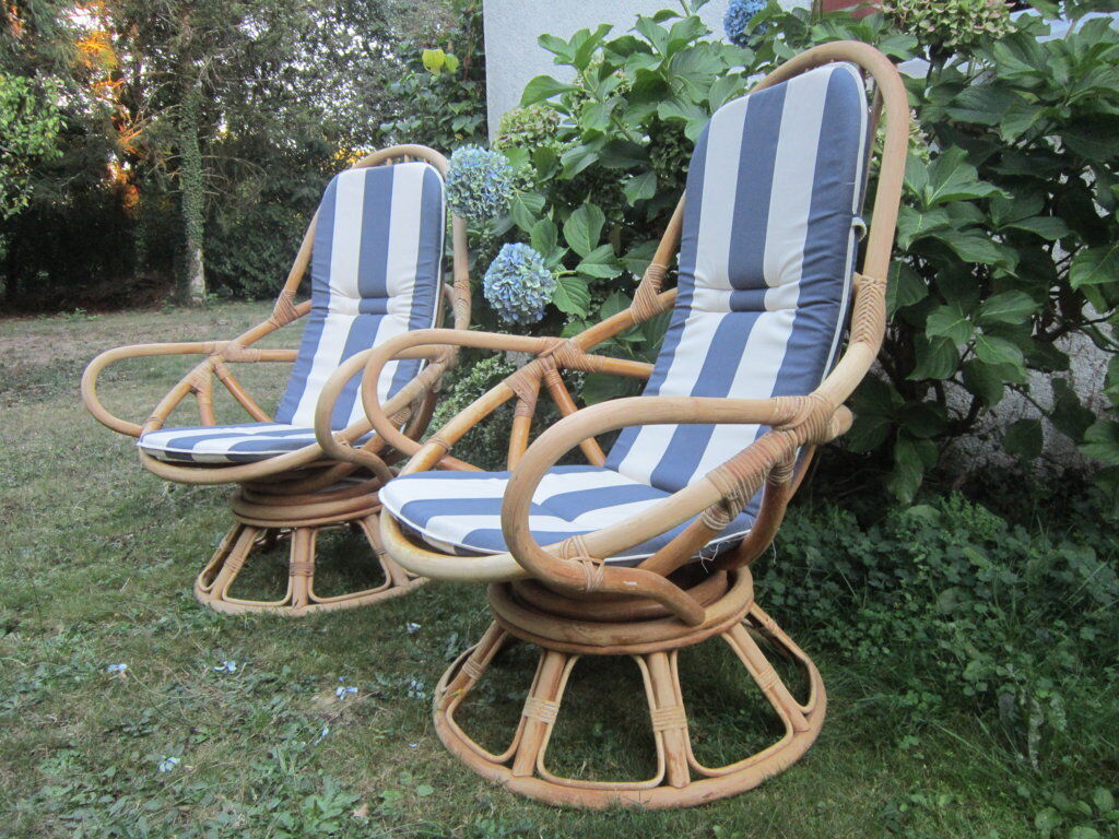 Pair of egg rattan armchairs