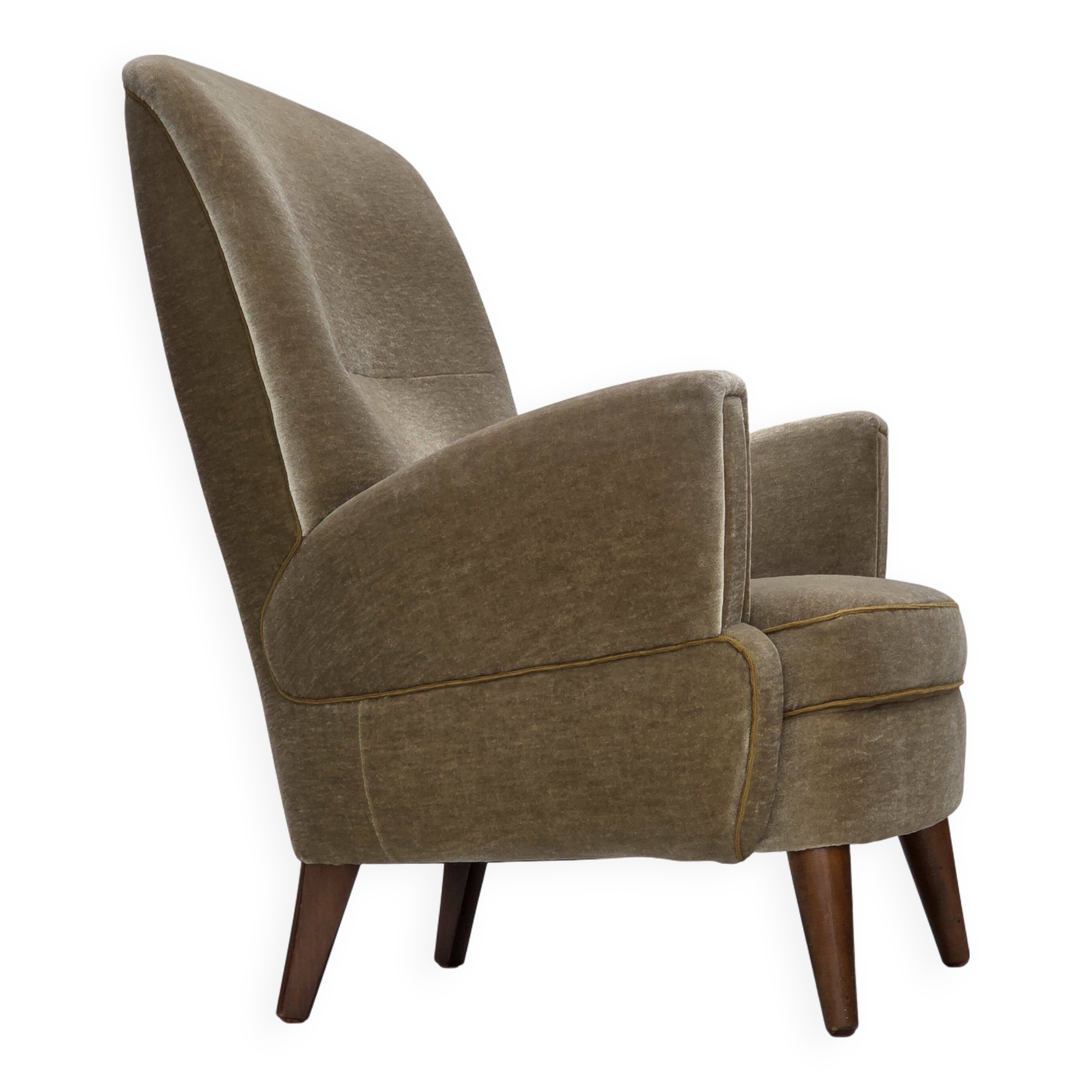 1970s, Danish armchair, green furniture velour, beech wood legs.