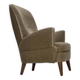 1970s, Danish armchair, green furniture velour, beech wood legs.