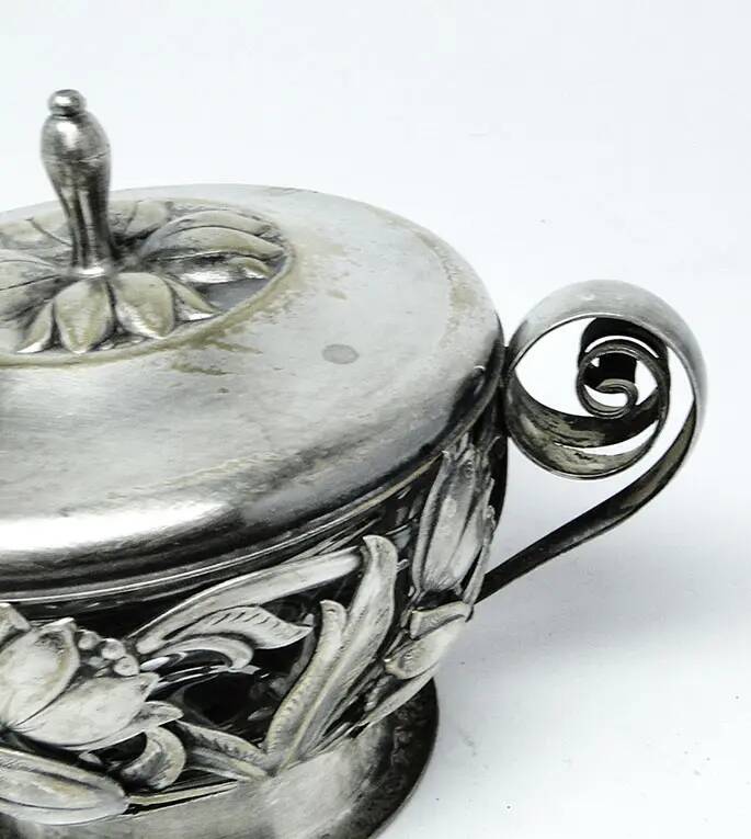 Sugar bowl, postmodernism, silver-plated brass, HEFRA, Poland, 1970s