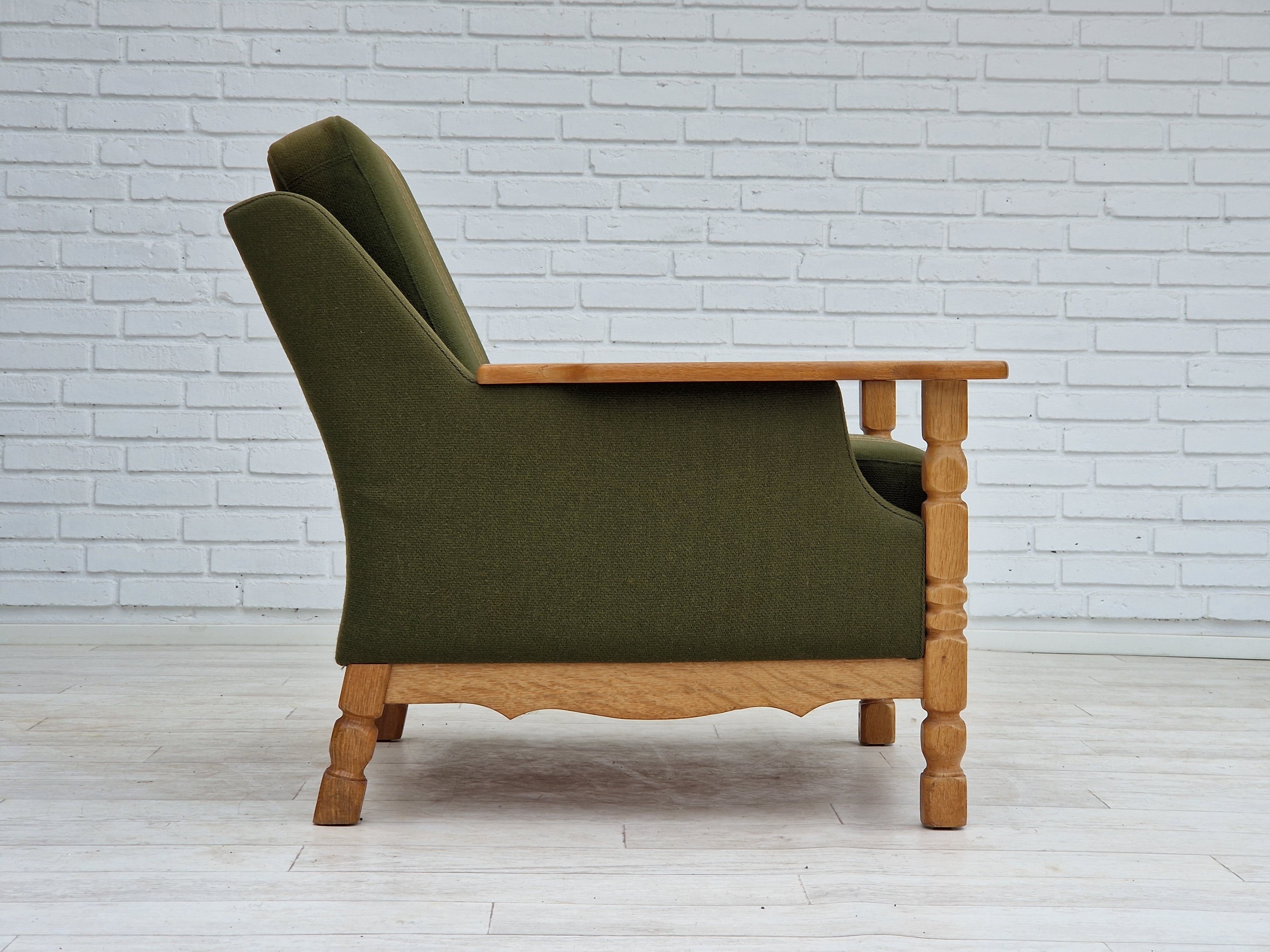 1970s, Danish design, lounge chair in green furniture wool, oak wood