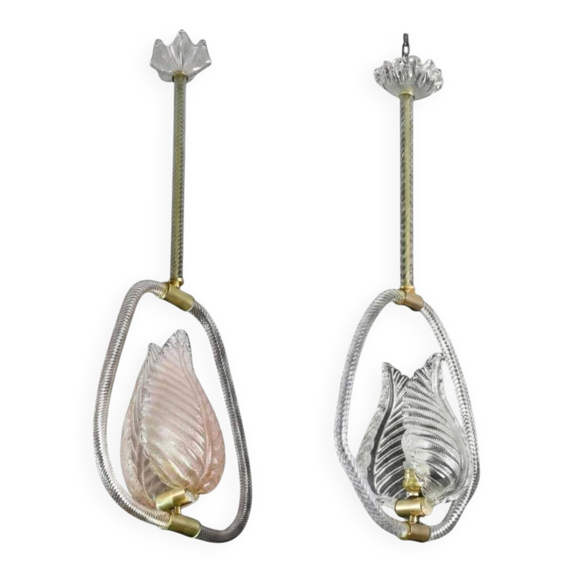 Set of 2 Pink and Transparent Murano Glass Chandelier by Barovier e Toso, 1950s