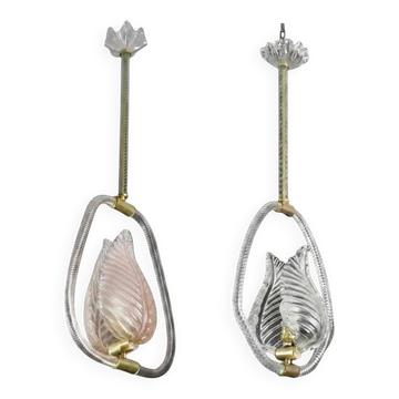 2 lustres en verre de Murano rose et transparent par Barovier e Toso, années 1950