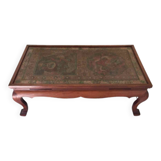 Table basse chinoise 1950 teck et parchemin peint