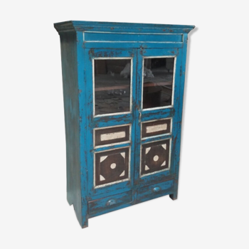 Wardrobe buffet blue cupboard glass wood old teak