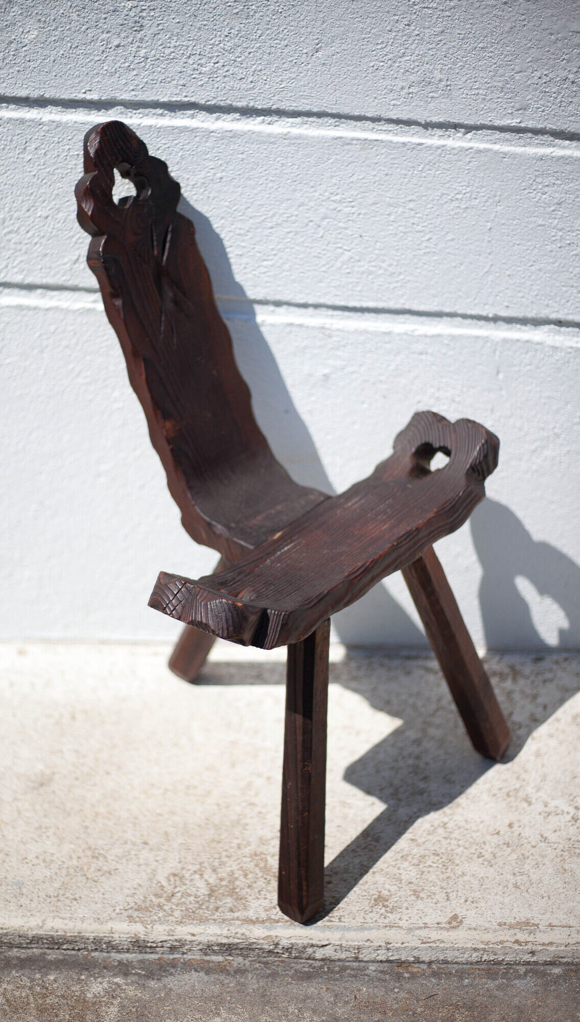 Brutalist wooden chair, tripod chair, Spanish chair