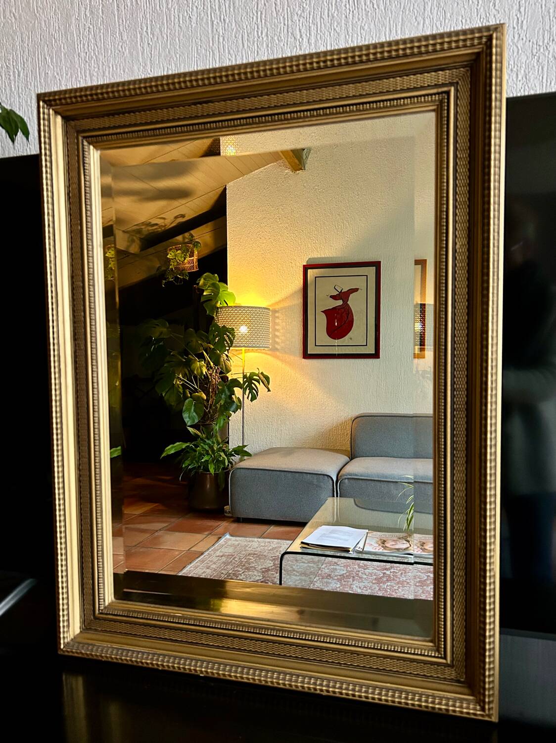 Large antique beveled mirror in the Napoleon III style - Gold and black frame