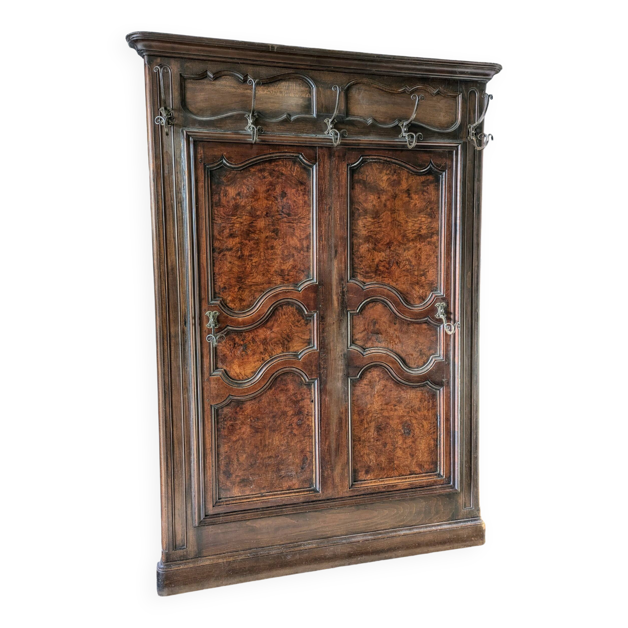 Antique 19th century solid walnut and burl walnut coat rack