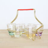 Set de 6 verres à liqueur colorés et irisés dans leur support en laiton