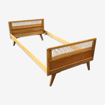 Rattan and wood bed 1960 1970 190x90cm vintage wicker child