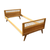 Rattan and wood bed 1960 1970 190x90cm vintage wicker child