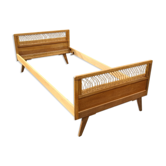 Rattan and wood bed 1960 1970 190x90cm vintage wicker child