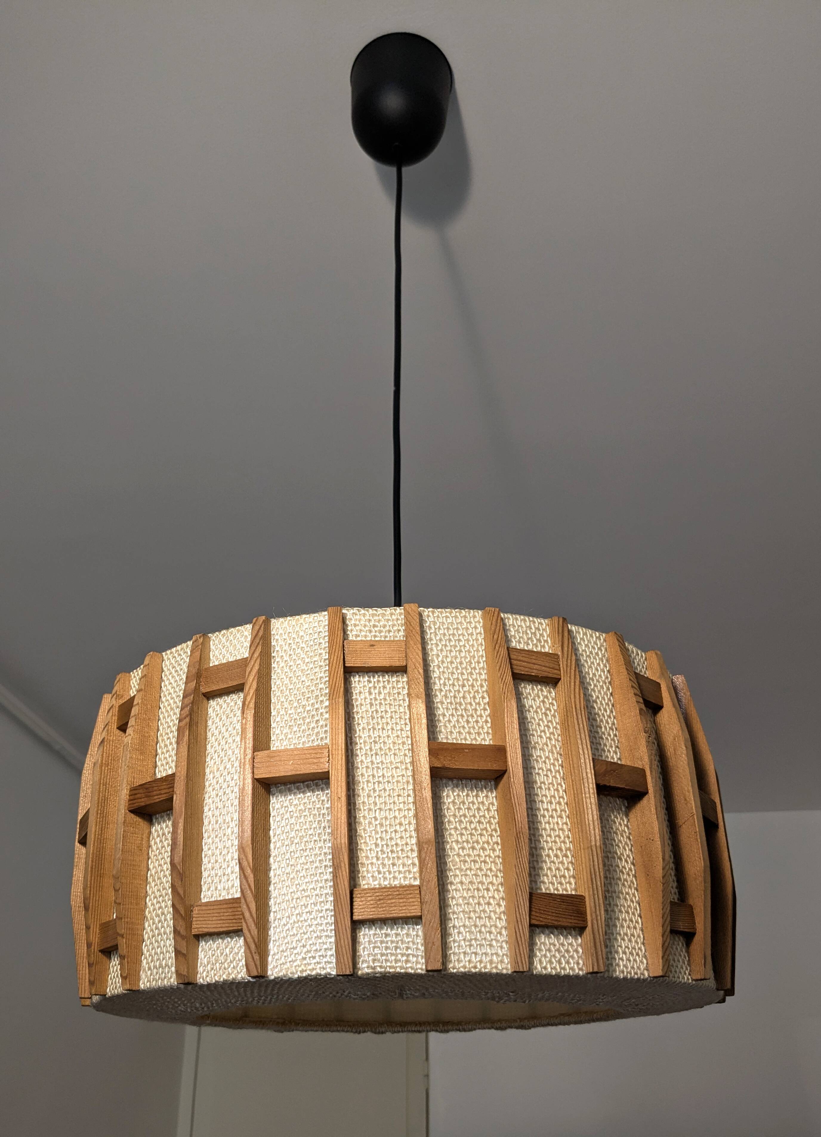 Pair of Scandinavian wooden and fabric pendant lights from the 60s