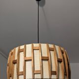 Pair of Scandinavian wooden and fabric pendant lights from the 60s