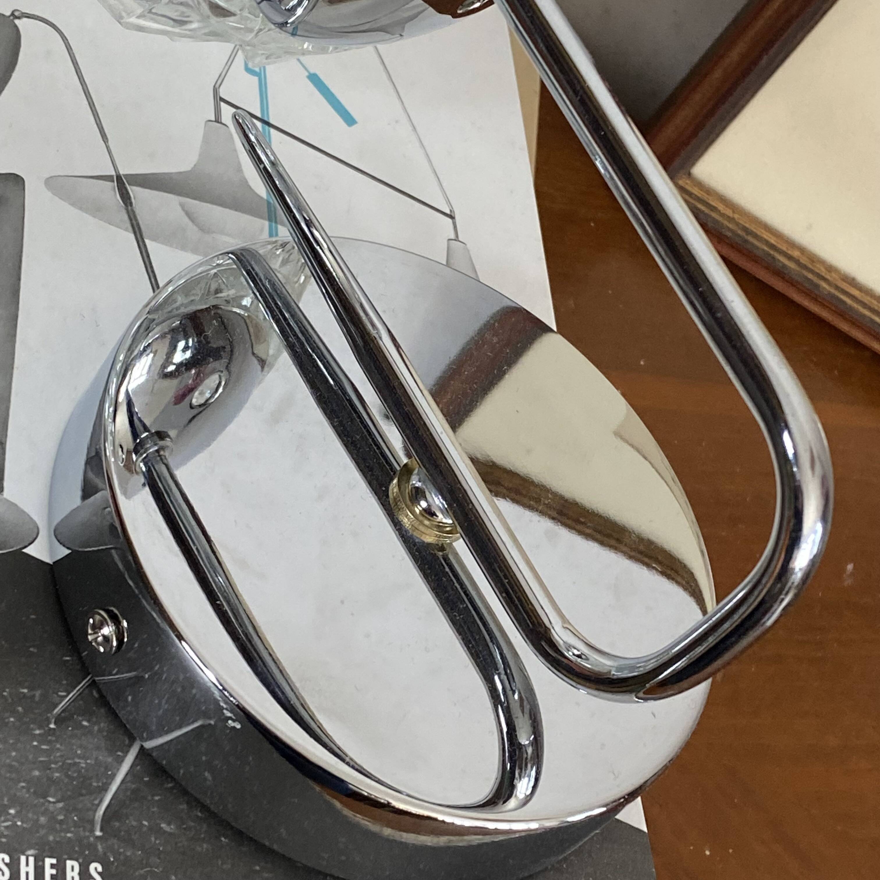 Swan neck wall light in stainless steel, thick glass shade, stainless steel rose.