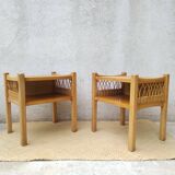 Pair of wooden and rattan bedside tables