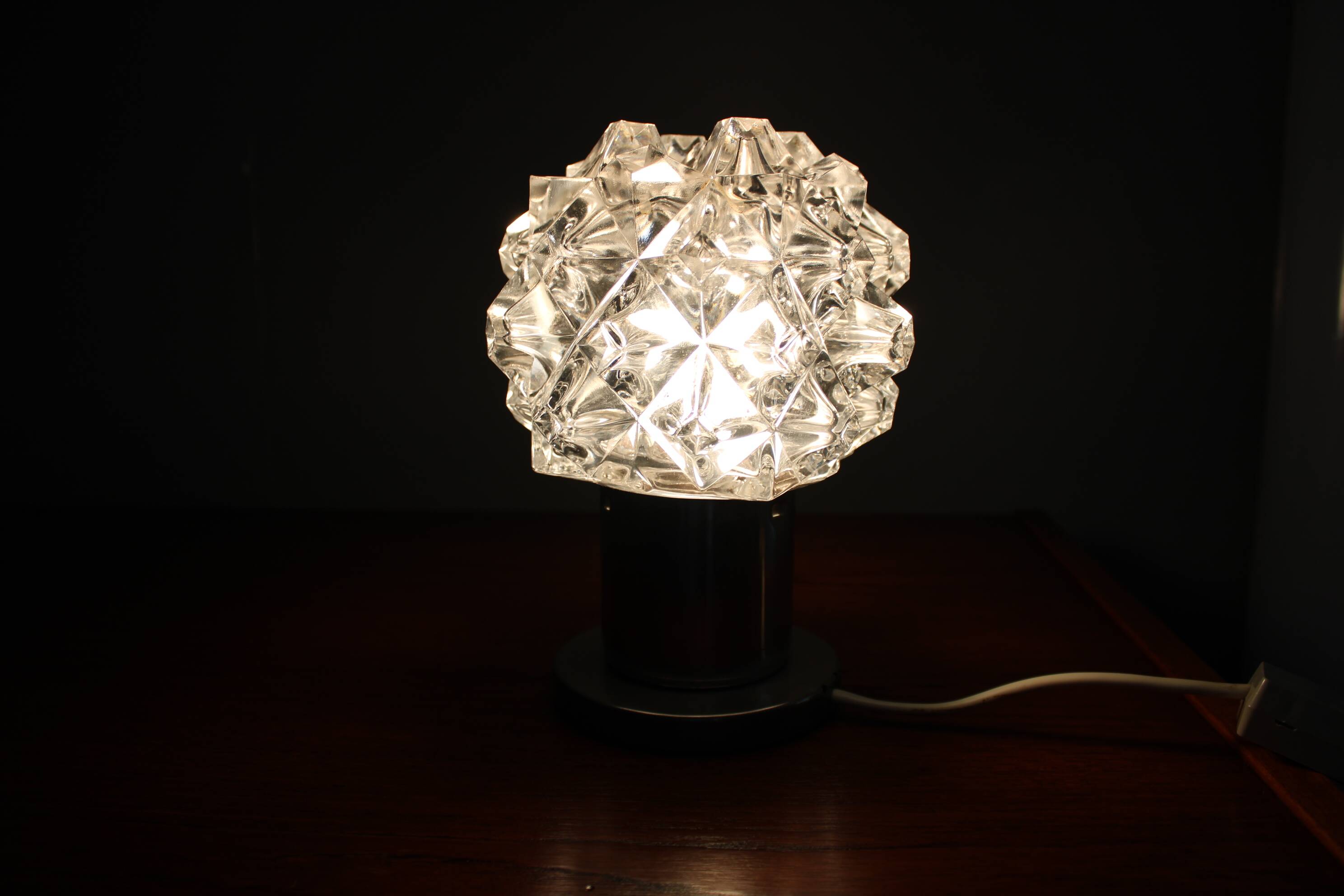 Mid Century Czech Crystal Glass Table Lamp, 1970s Chrome Base