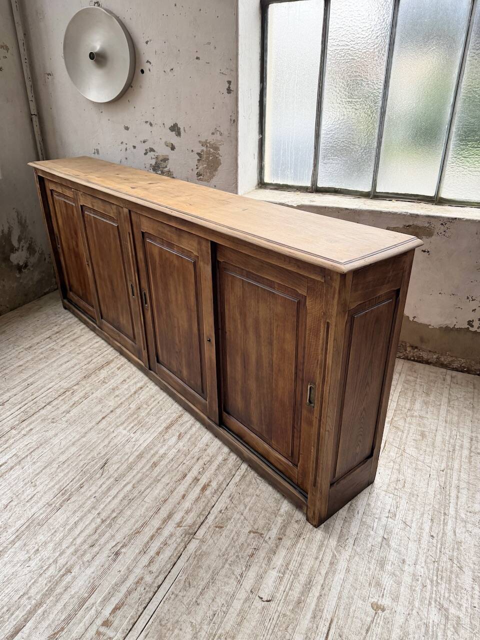 XL oak workshop sideboard with sliding doors from 1900