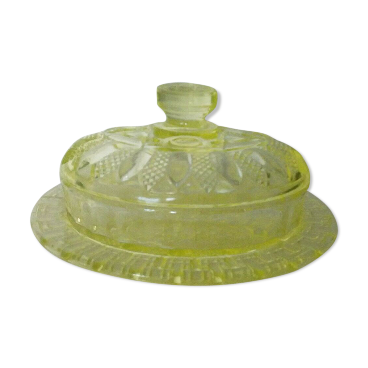 Old butter dish in glass, ouraline cut