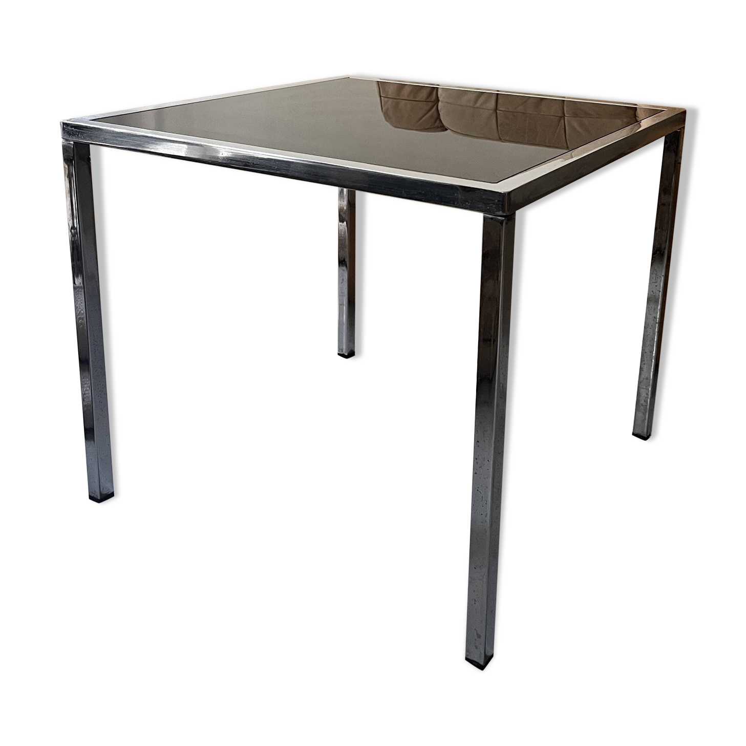 square coffee table in chrome and black glass, design