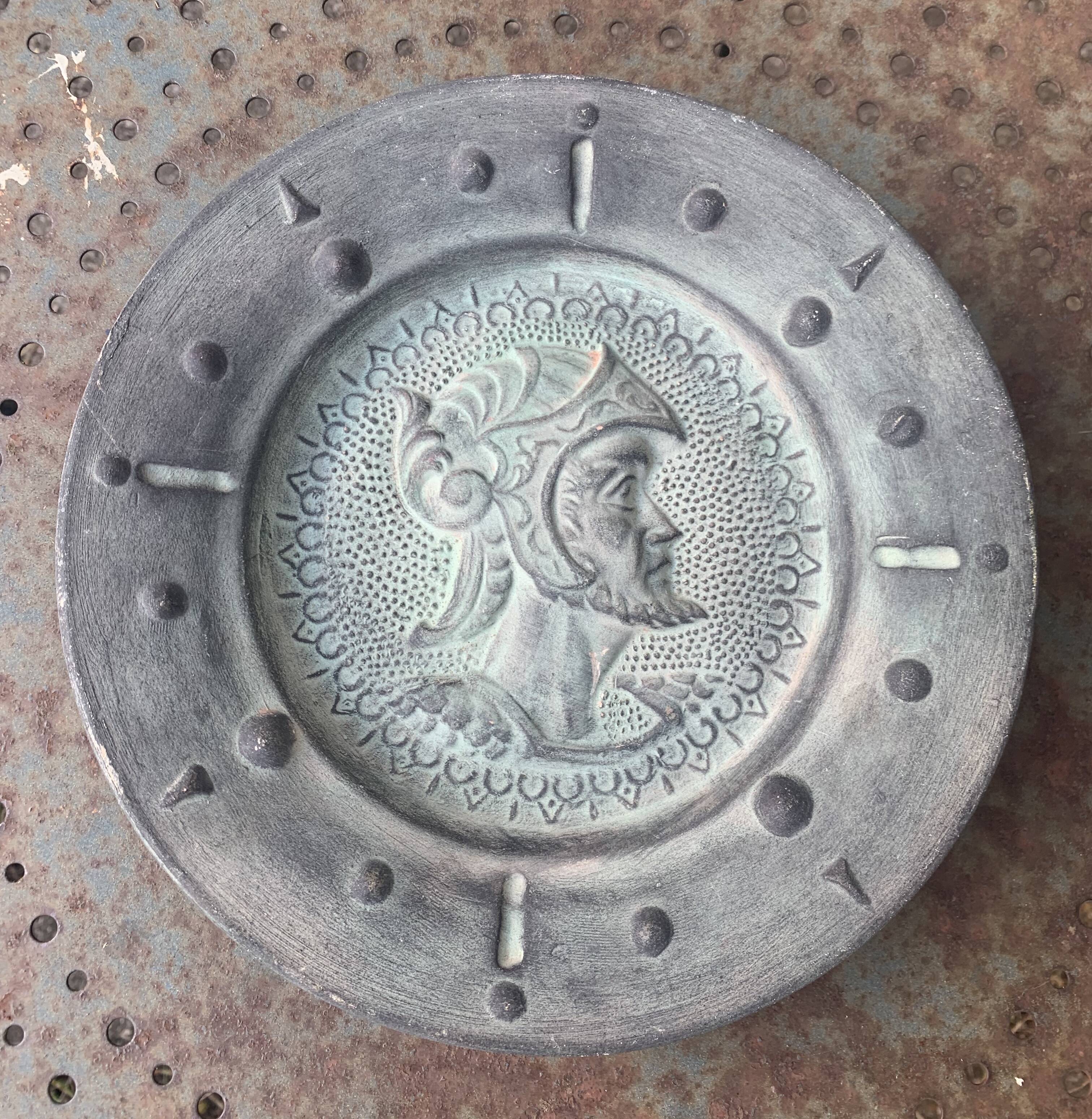 Decorative plate of a Greco-Roman soldier, terracotta, vintage