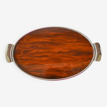 Oval art deco chrome and wood tray, 1930