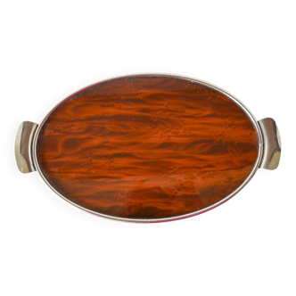 Oval art deco chrome and wood tray, 1930