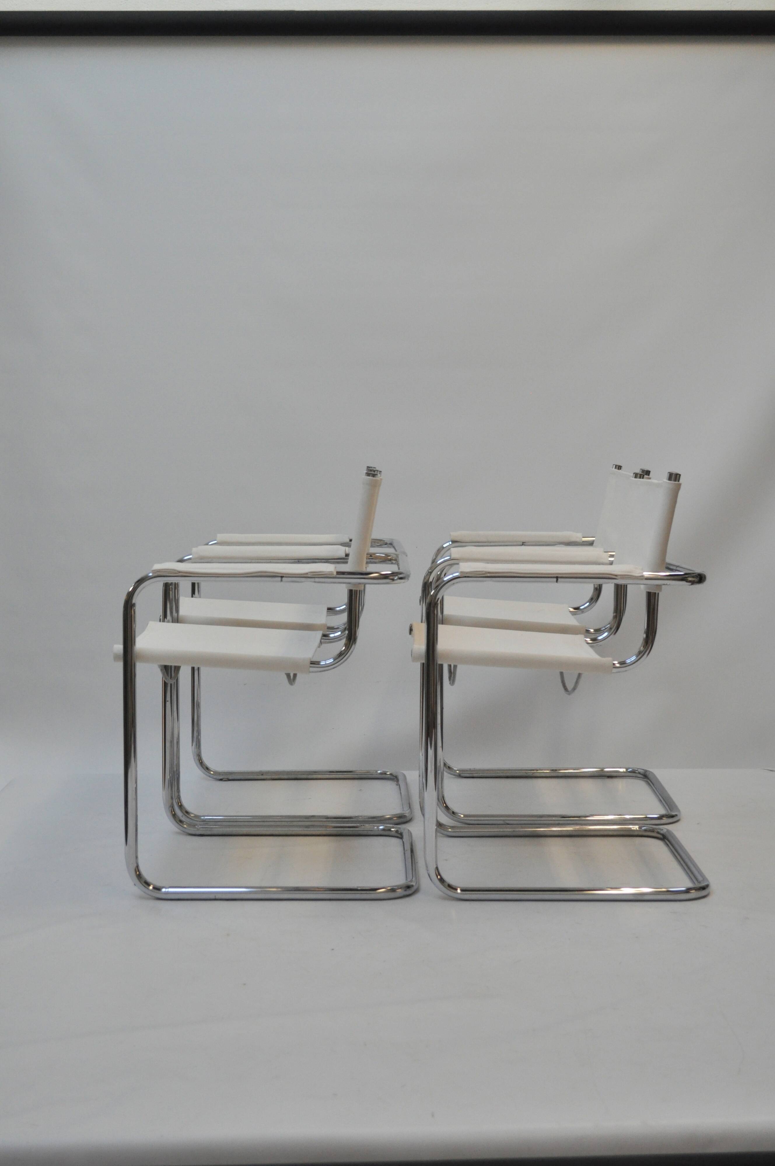 Set of 4 Chrome Sled-Base Chairs, Reupholstered in Italian Chioccarello Lin