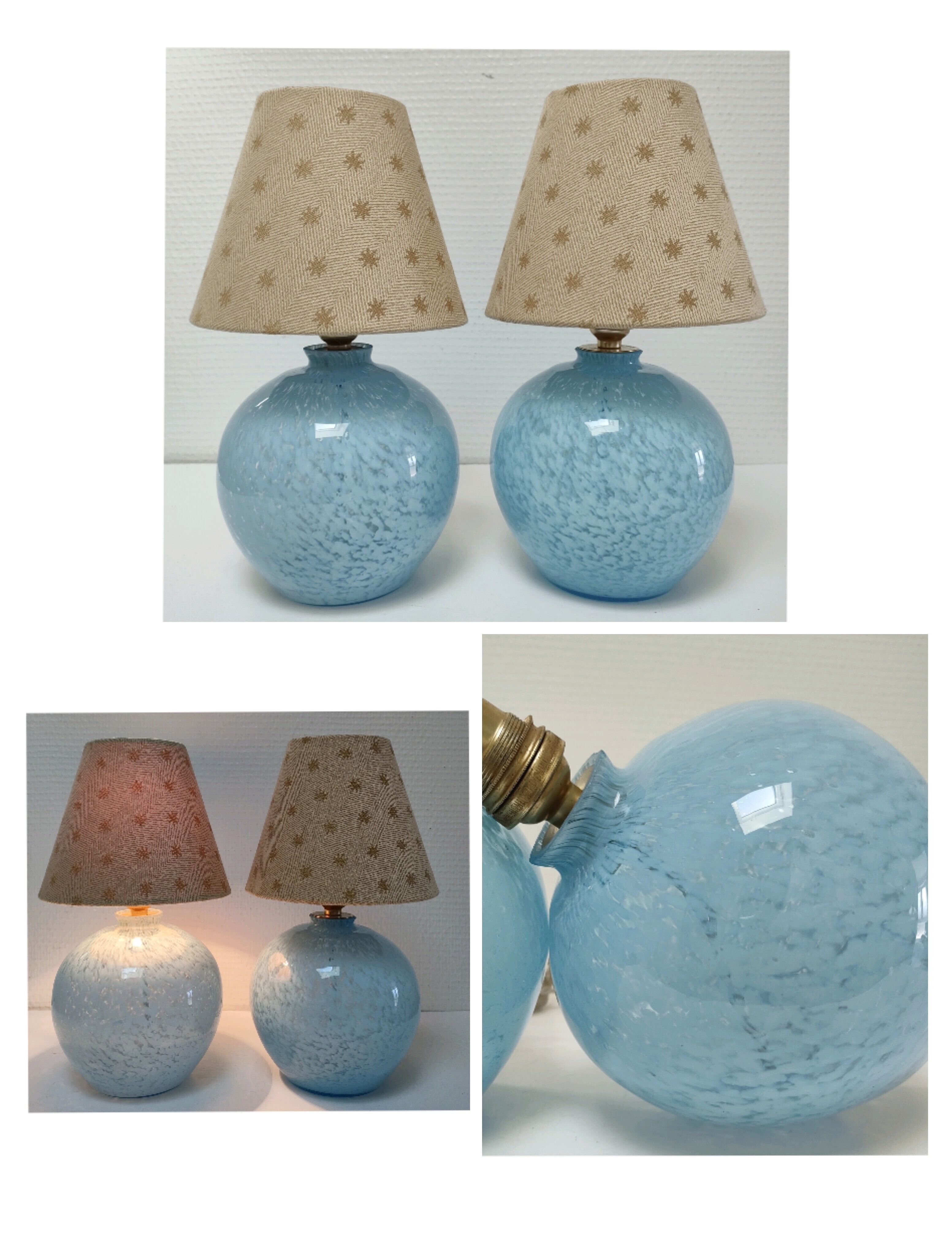 Deux pieds lampes boules art déco verre de clichy bleu