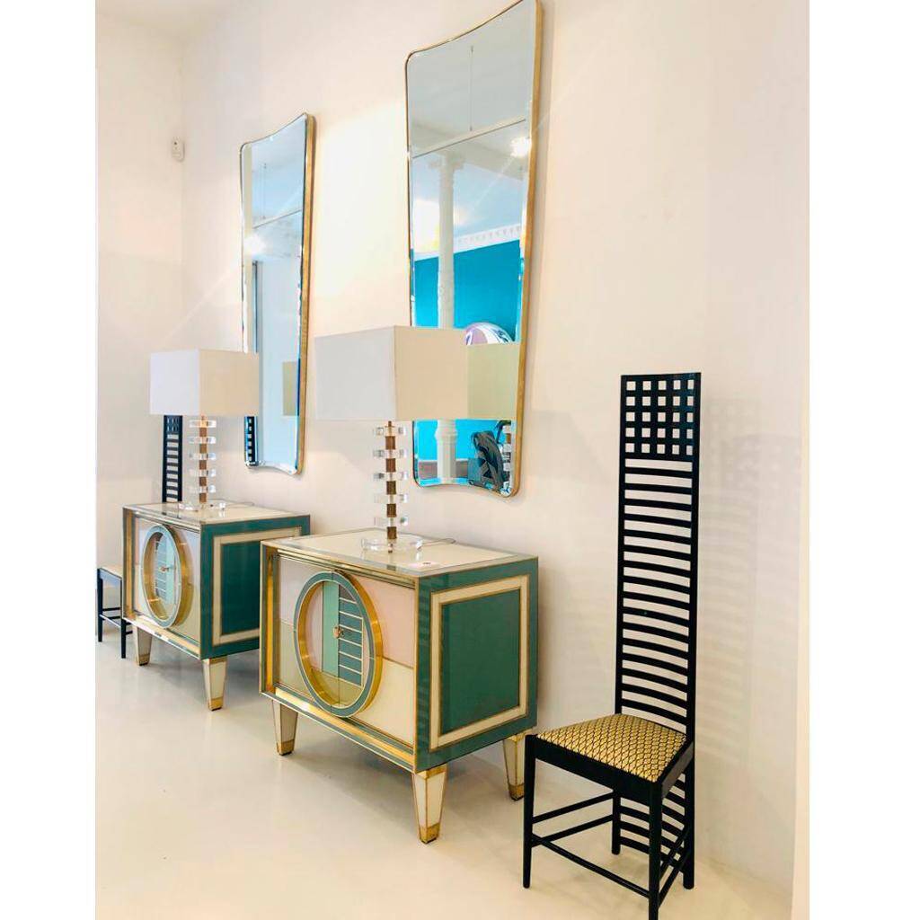 Mid-Century Modern Style Italian Cabinet Wood, Brass and Colored Glass