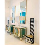 Mid-Century Modern Style Italian Cabinet Wood, Brass and Colored Glass