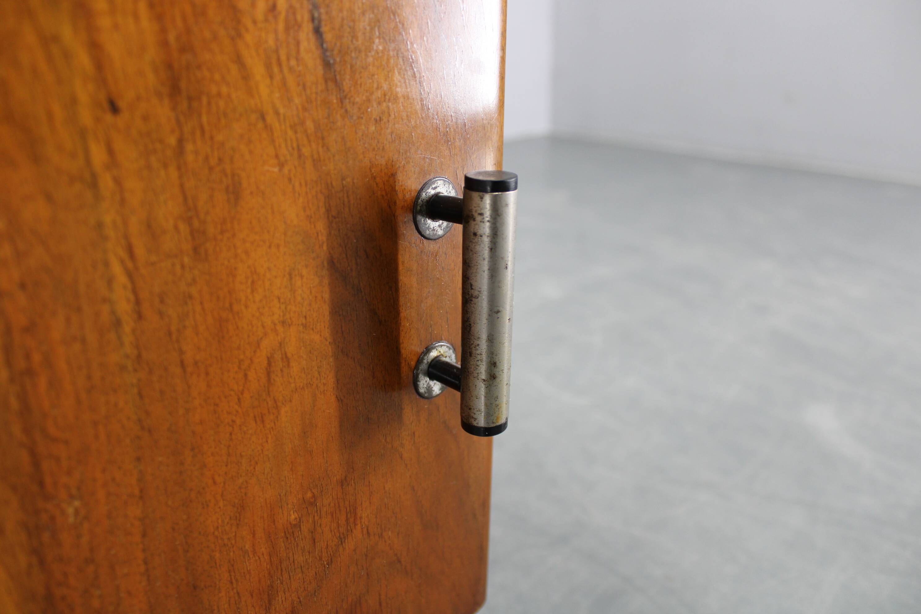 1940s night stand in walnut finish with glass top, Czechoslovakia