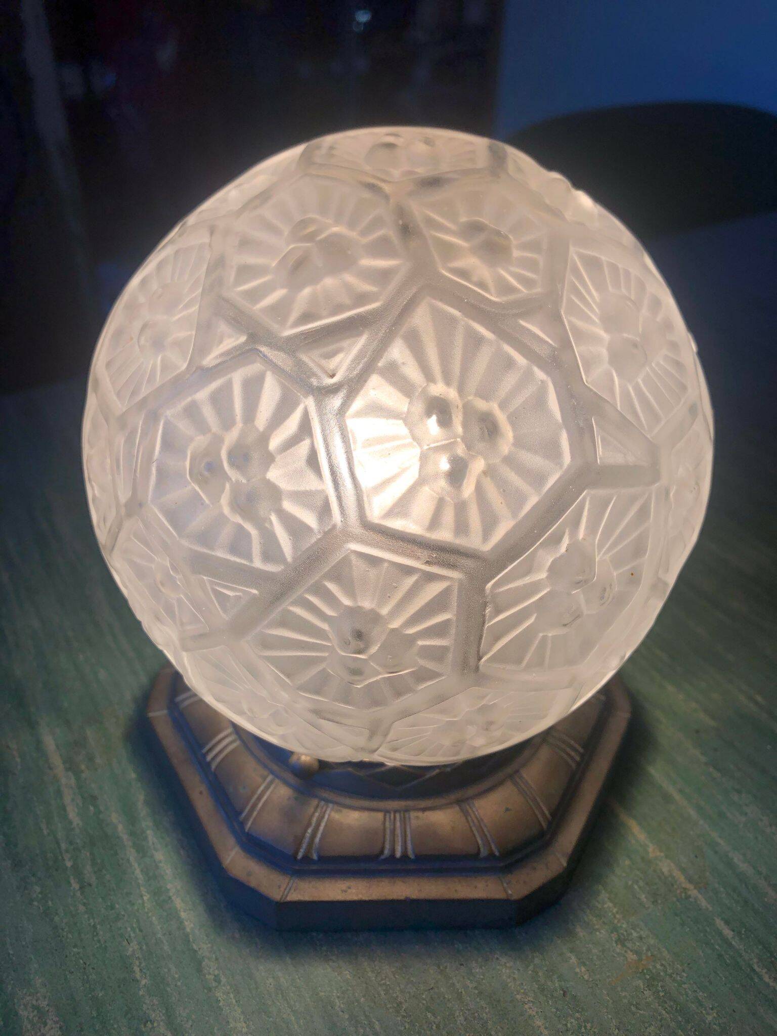 Charles Ranc art deco lamp, bedside lamp, nickel-plated bronze and glass globe