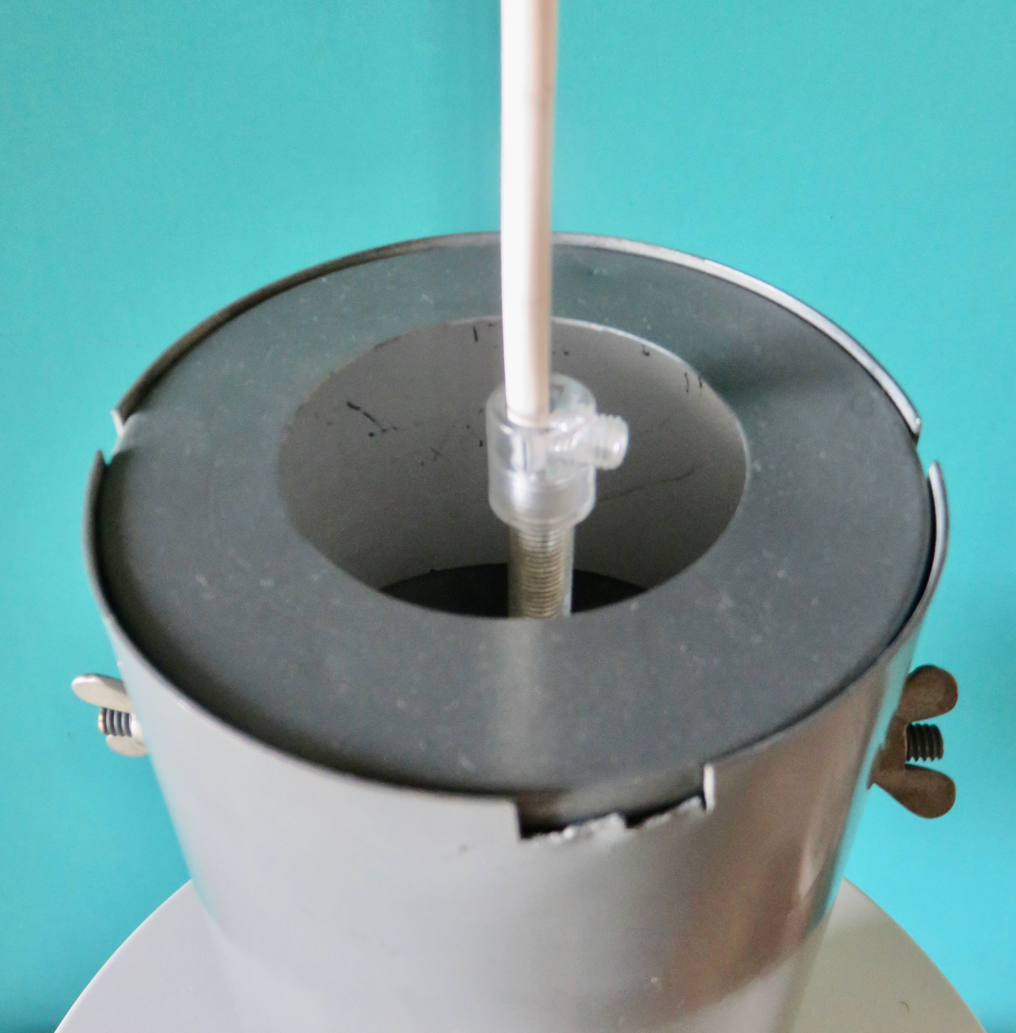 Large industrial pendant light in anthracite and white lacquered metal. Denmark, 1960