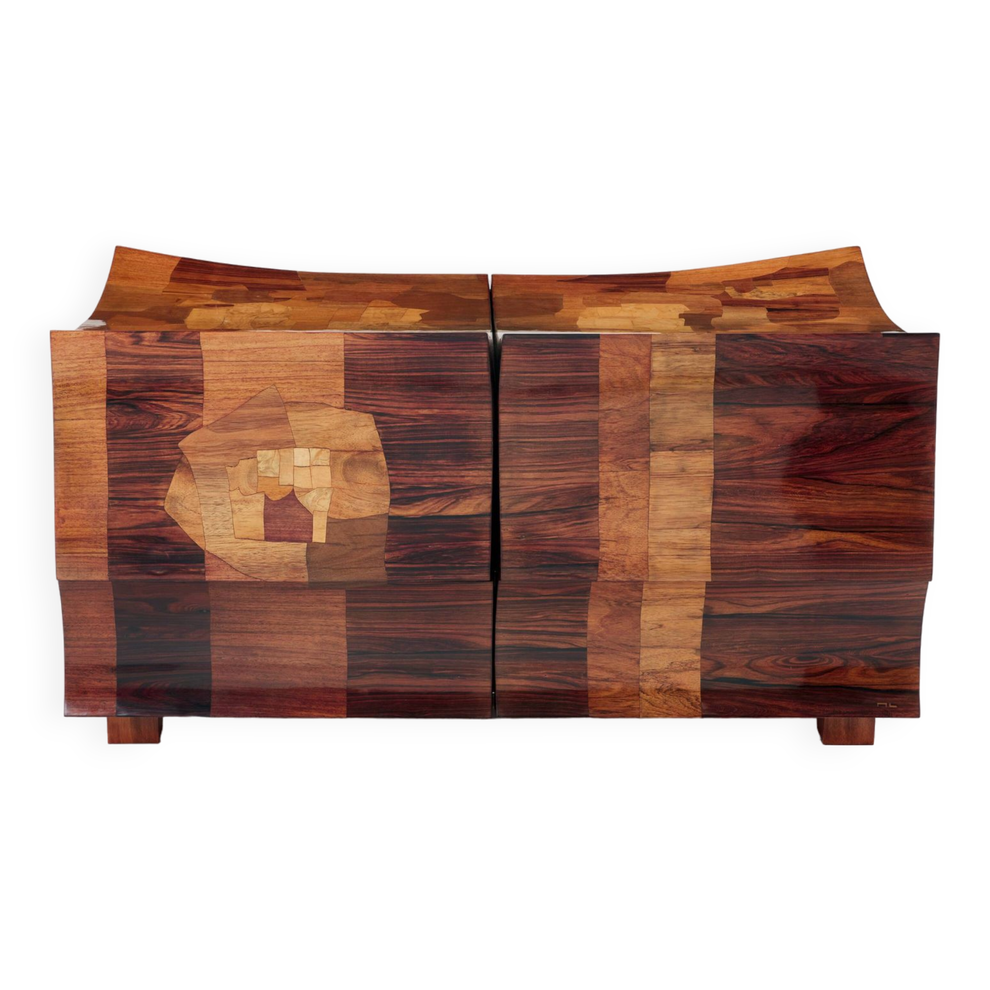 Bar chest in wood and brass marquetry signed Michel Lefèvre 1960