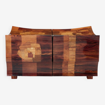 Bar chest in wood and brass marquetry signed Michel Lefèvre 1960