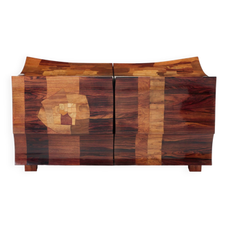 Bar chest in wood and brass marquetry signed Michel Lefèvre 1960