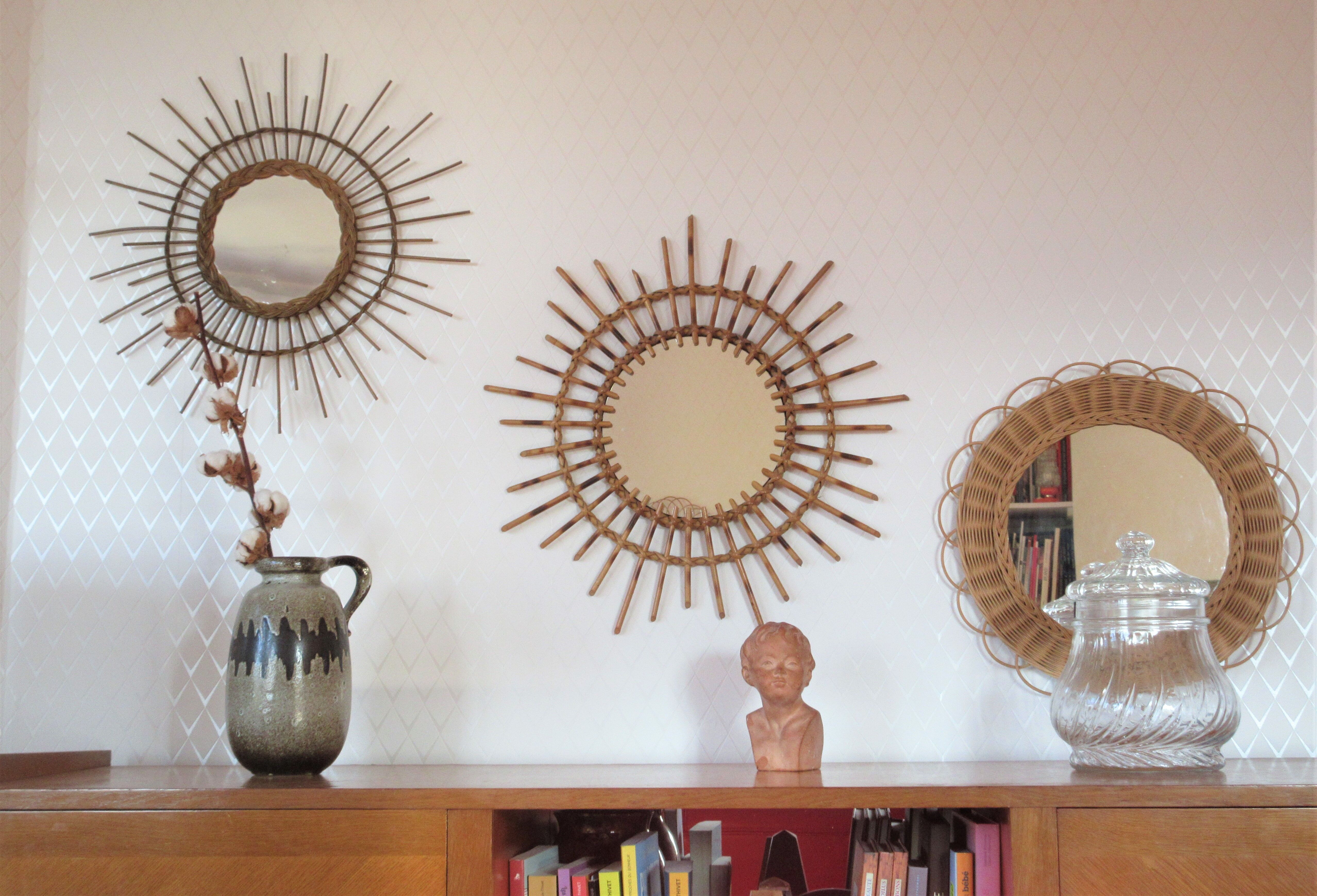 Vintage bamboo and rattan sun mirror 56cm