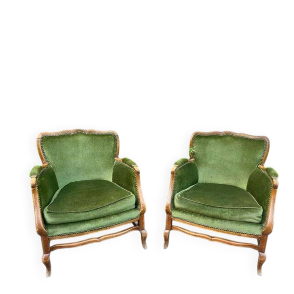 Paire de fauteuils vintage en bois massif et velours vert — Beyit
