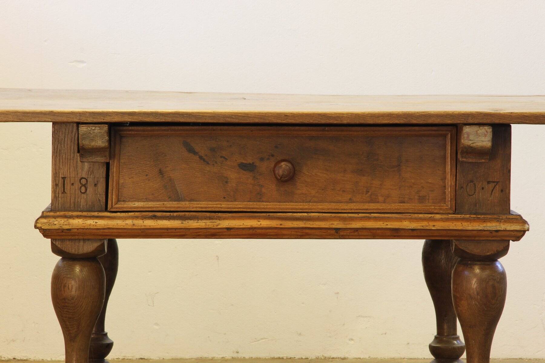 Antique Nordic Baroque Oak Table, Dated 1807