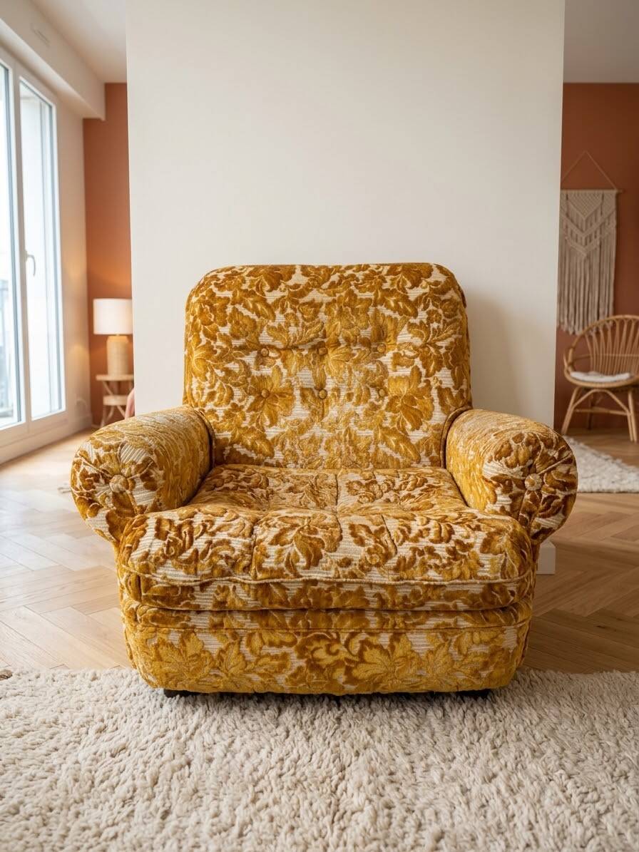 Vintage 1970s armchair in yellow velvet