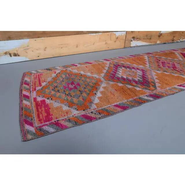 1970s Turkish Handmade Orange Diamond Wool Runner Rug 87x325
