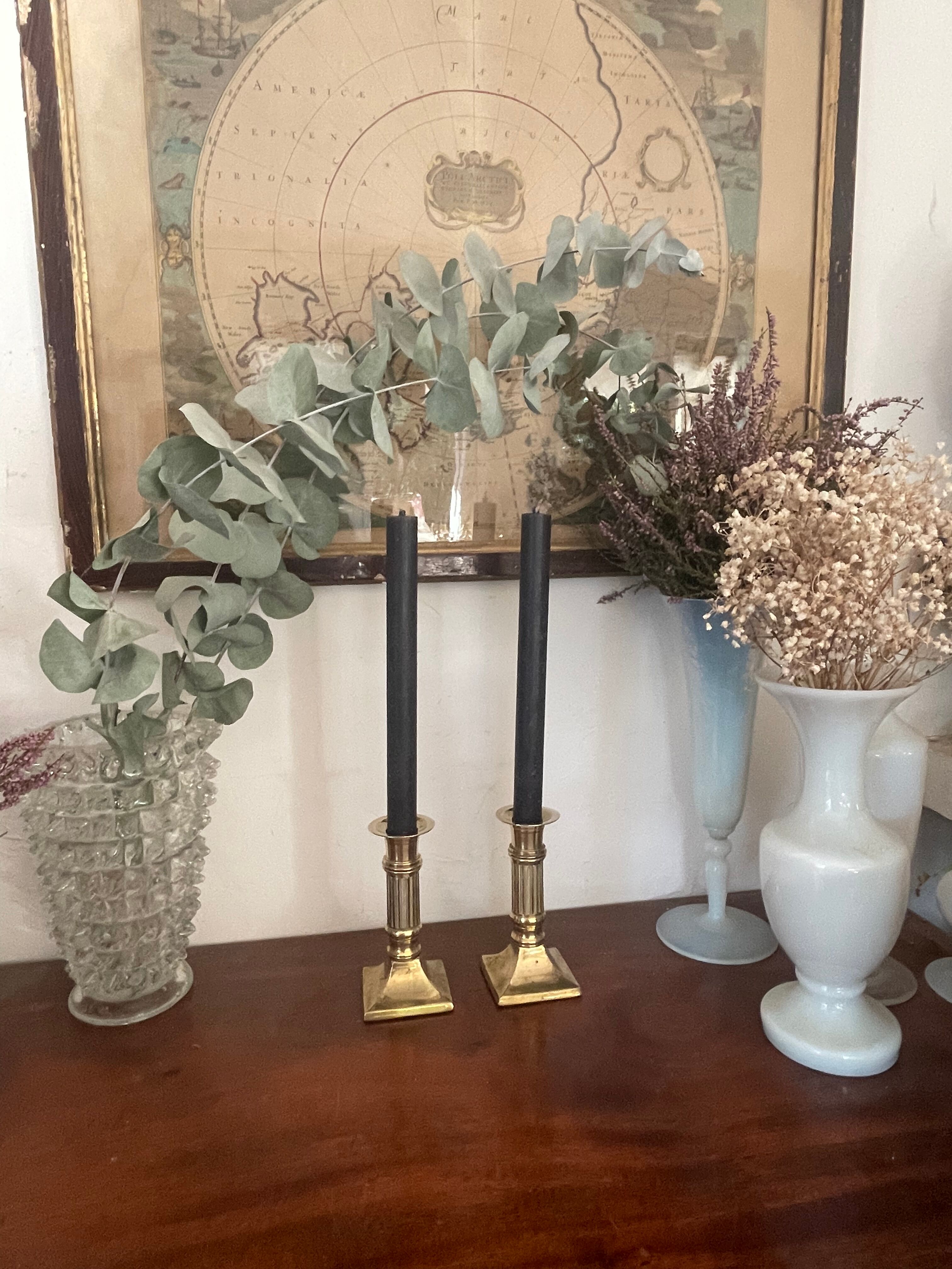 Pair of brass column candle holders