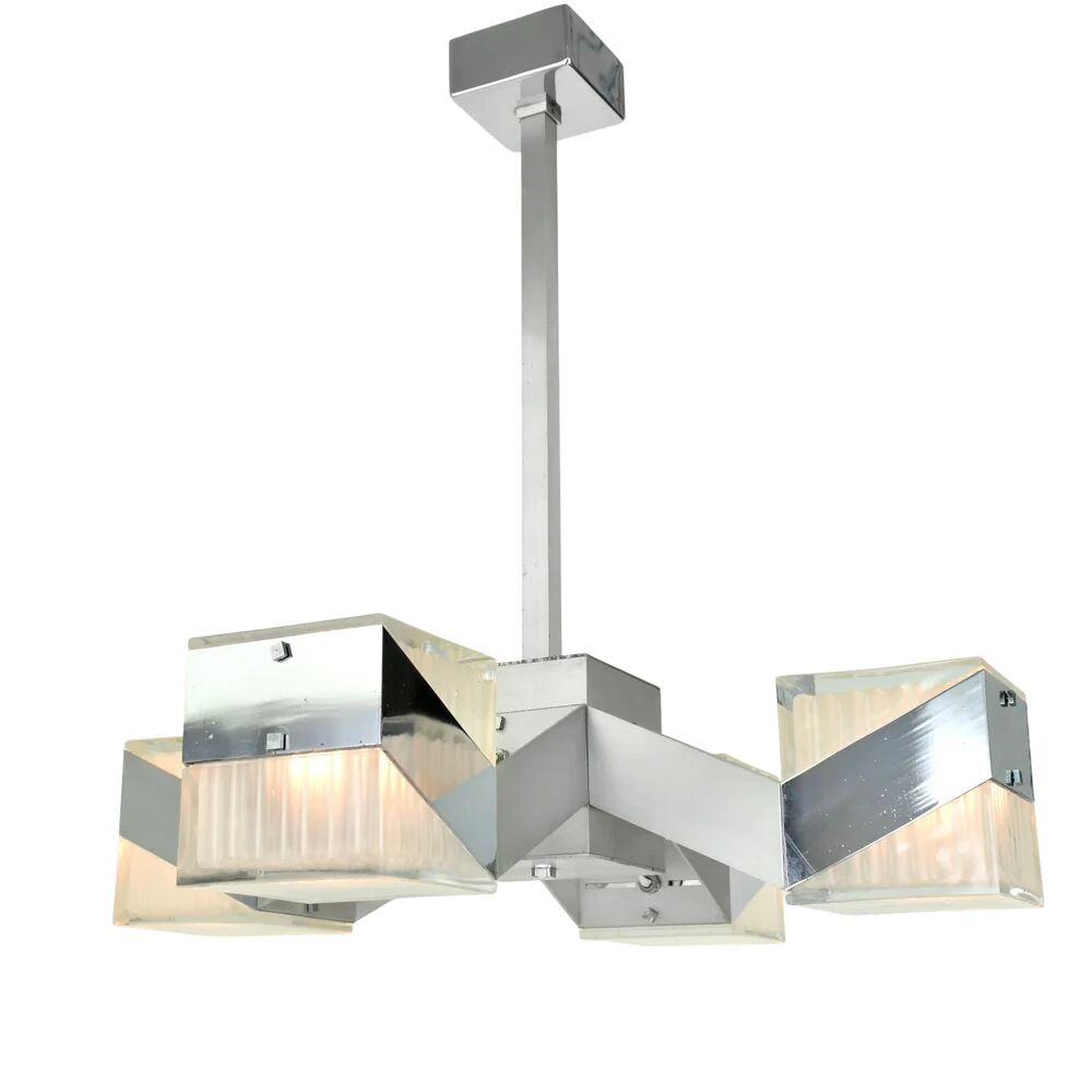 1970s Cubist Chandelier Chrome Glass Mid Century Modern