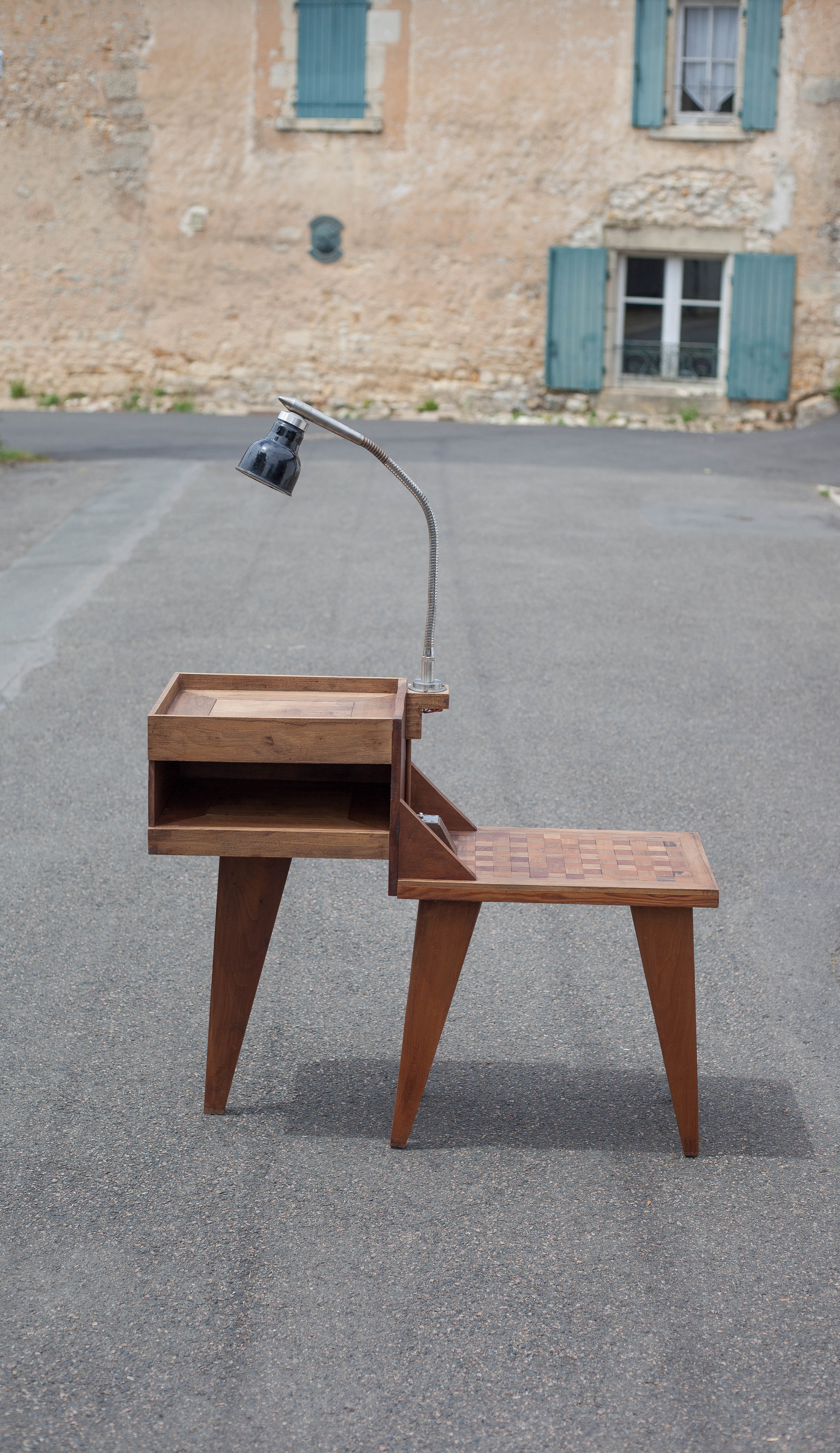 Industrial wood furniture, furniture with integrated lamp, trade furniture, industrial, compass feet