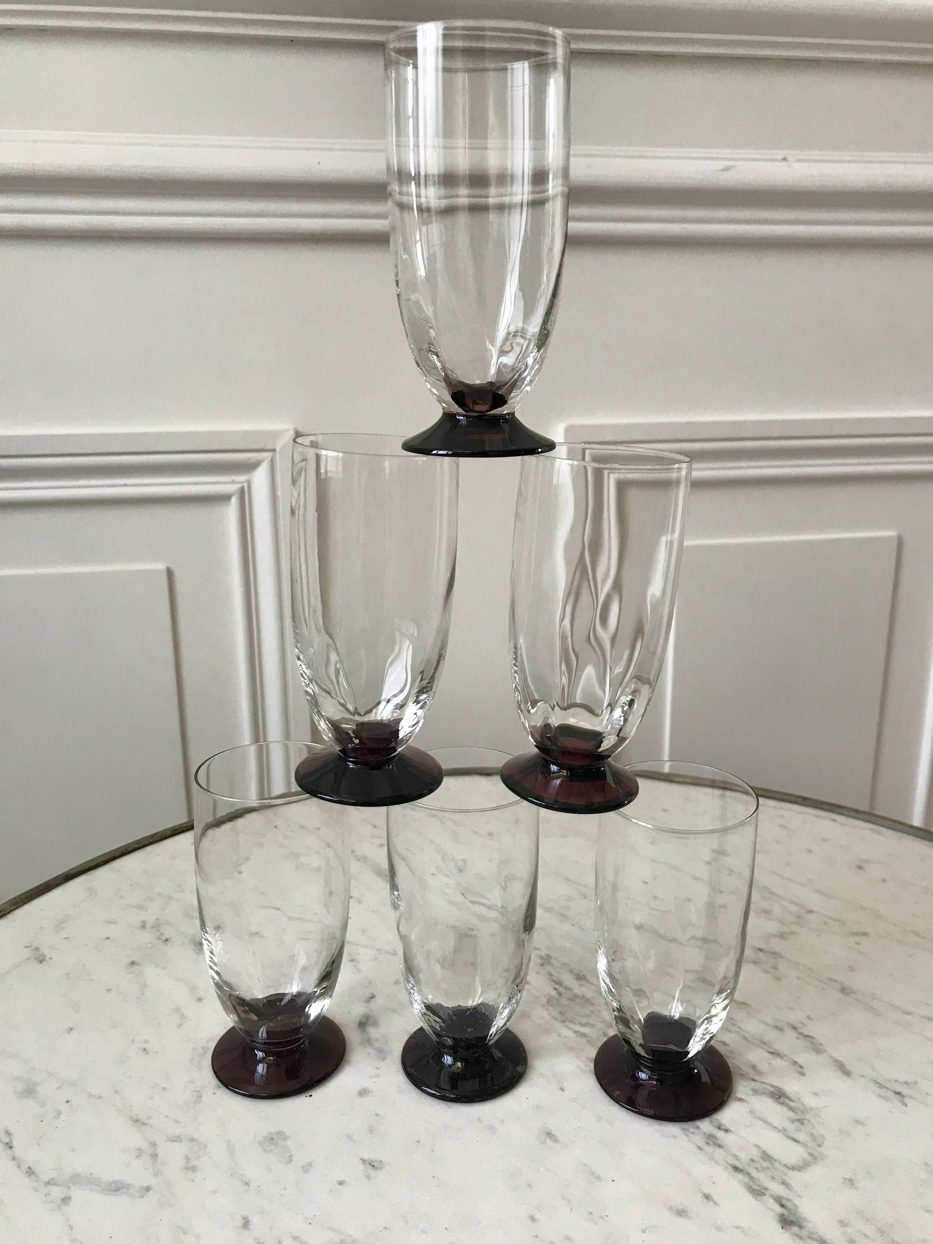Set of 6 champagne flutes with purple feet Art Deco 30s